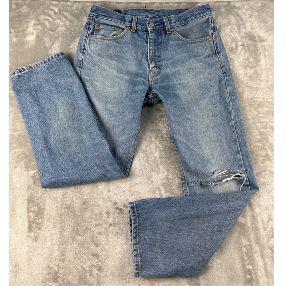 Levis Jeans Mens 33x30 505 Regular Fit Blue Distressed Straight Leg Denim